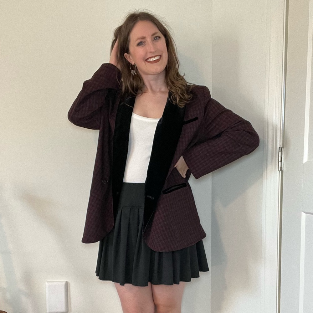 Free People Red & Purple Plaid Oversized Blazer with Black Velvet Trim